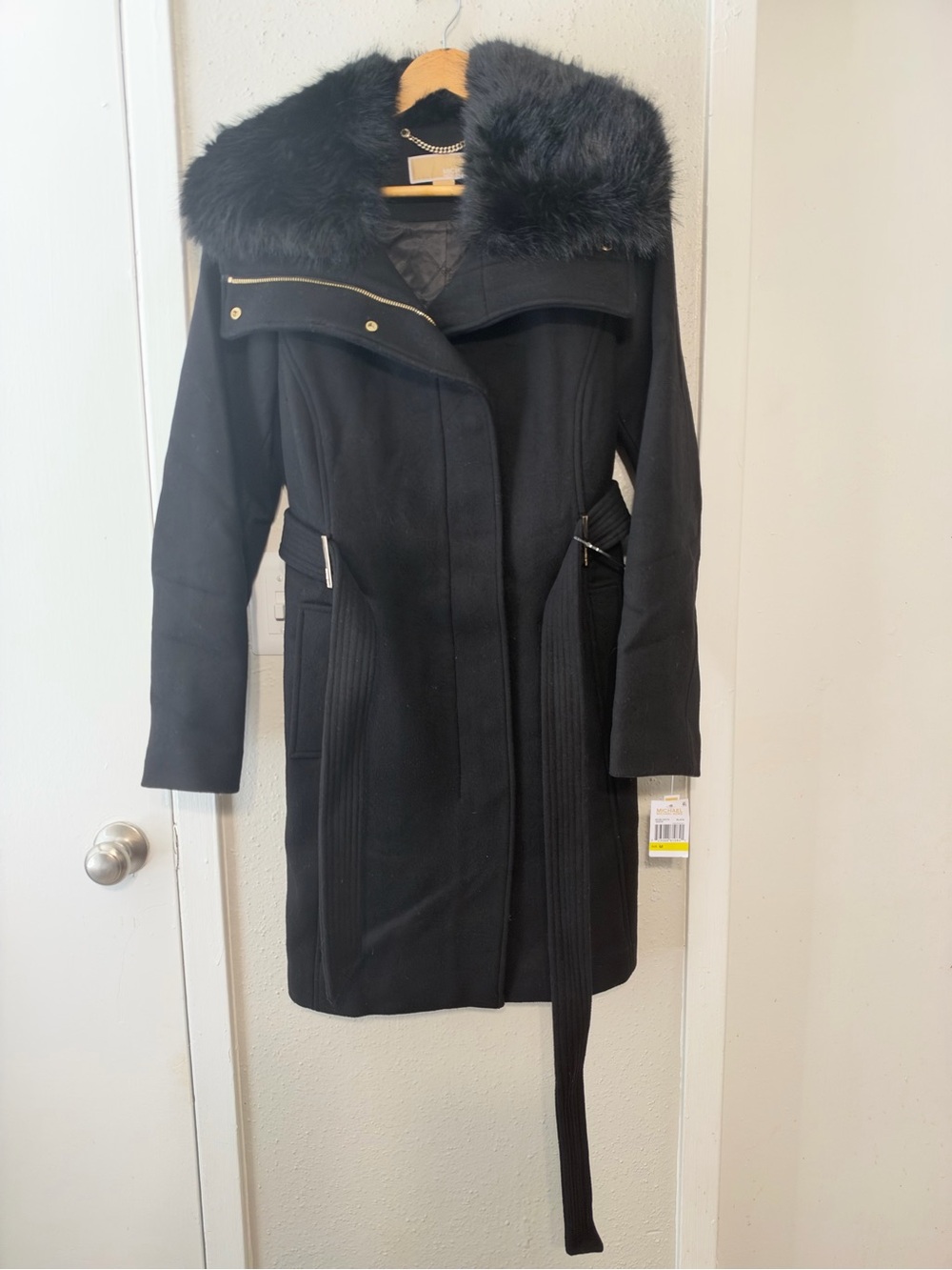 MICHAEL Michael Kors Black Wool-Blend Trench Coat with Faux Fur Collar